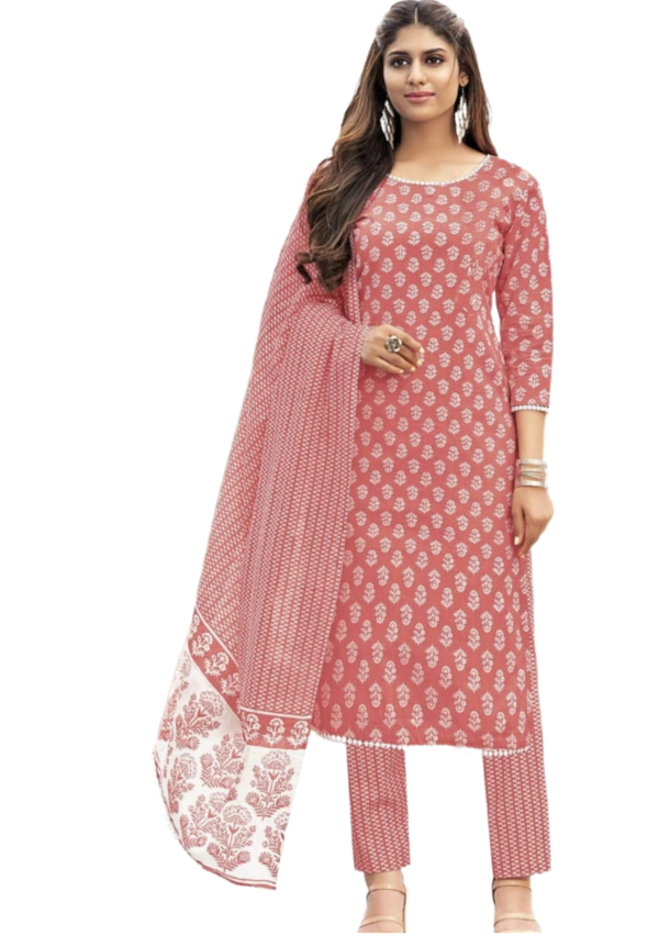Women's Readymade Cotton Jaipuri Print Style Kurta Pant Set for Women Color Peach Size L